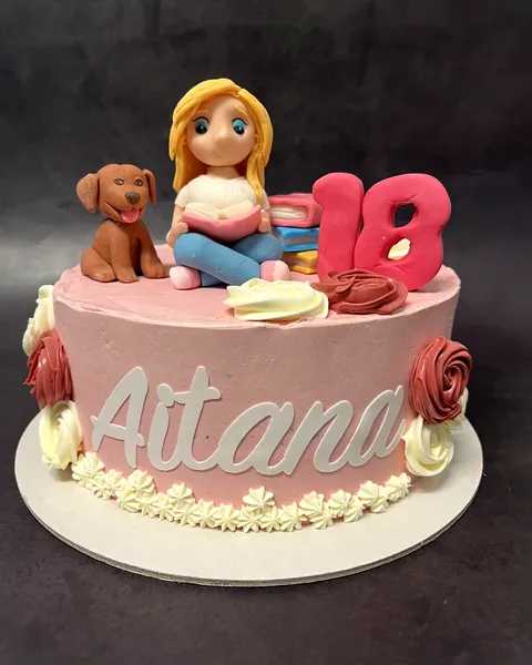 Tarta rosa con chica, perrito y el 18